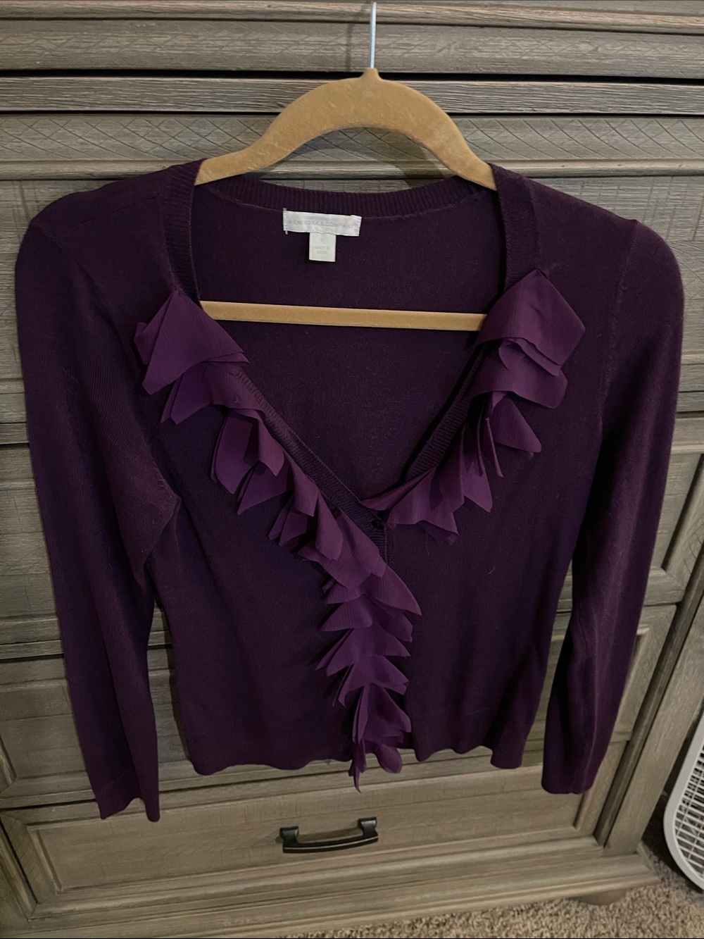 New York & Company Purple Ruffle V-Neck Cardigan